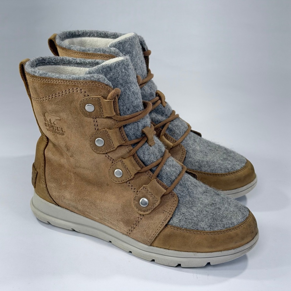 Sorel Explorer Joan Boots Womens 9 Camel Brown Grey Felt Waterproof Winter Snow